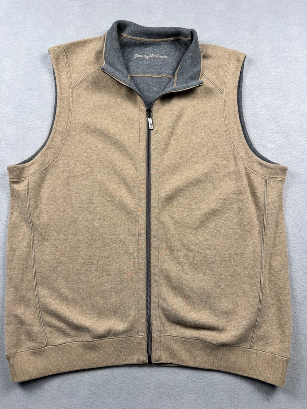 Tommy Bahama Mens Large Flip Side Classic Reversible Full-Zip Vest Beige Gray